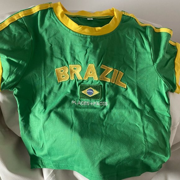 Green Brazil Top Y2K Brazilian flag T-shirt Vintage Soccer Baby Tee Cute Brazil - Picture 2 of 7